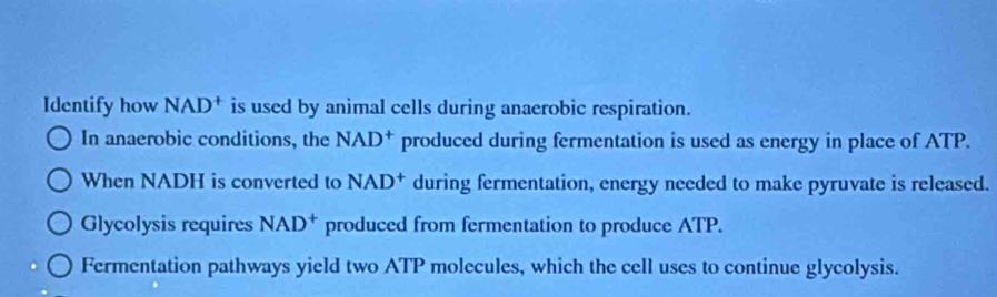 Identify how NAD^+ is used by animal cells during anaerobic respiration. 
In anaerobic conditions, the NAD^+ produced during fermentation is used as energy in place of ATP. 
When NADH is converted to NAD^+ during fermentation, energy needed to make pyruvate is released. 
Glycolysis requires NAD^+ produced from fermentation to produce ATP. 
Fermentation pathways yield two ATP molecules, which the cell uses to continue glycolysis.