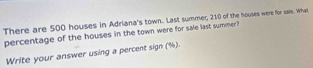 There are 500 houses in Adriana's town. Last summer, 210 of the houses were for sale. What 
percentage of the houses in the town were for sale last summer? 
Write your answer using a percent sign (%).