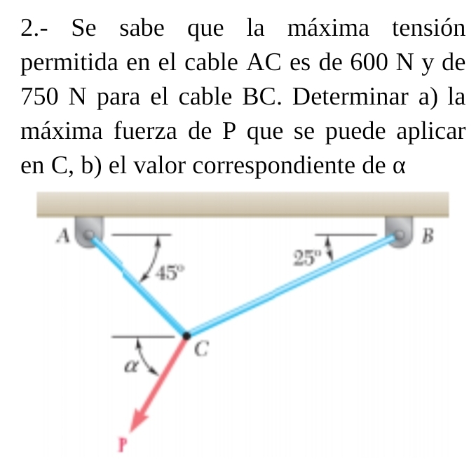 2.- Se sabe que la máxima tensión
permitida en el cable AC es de 600 N y de
750 N para el cable BC. Determinar a) la
máxima fuerza de P que se puede aplicar
en C, b) el valor correspondiente de α