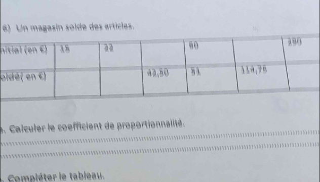 Un magasin solde des articles. 
n 
o 
_ 
e. Calculer le coefficient de proportionnalité. 
_ 
o léter le tableau.