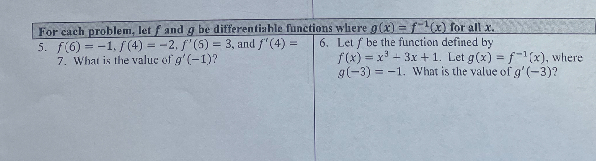 For each problem, let f and g be differentiable functions where g(x)=f^(-1)(x) for all x. 
5. f(6)=-1, f(4)=-2, f'(6)=3 , and f'(4)= 6. Let f be the function defined by 
7. What is the value of g'(-1) ? f(x)=x^3+3x+1. Let g(x)=f^(-1)(x) , where
g(-3)=-1. What is the value of g'(-3) ?