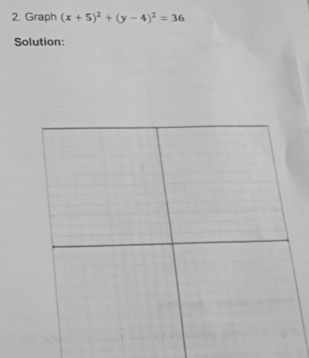Graph (x+5)^2+(y-4)^2=36
Solution: