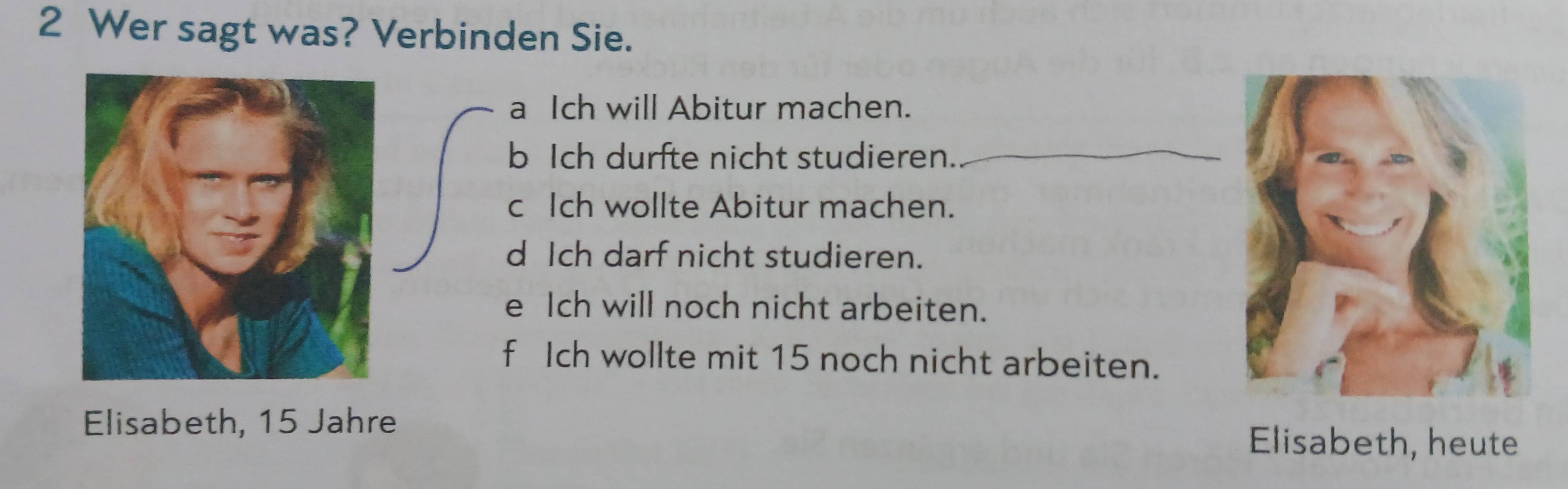 Wer sagt was? Verbinden Sie.
a Ich will Abitur machen.
b Ich durfte nicht studieren.
c Ich wollte Abitur machen.
d Ich darf nicht studieren.
e Ich will noch nicht arbeiten.
f Ich wollte mit 15 noch nicht arbeiten.
Elisabeth, 15 Jahre Elisabeth, heute