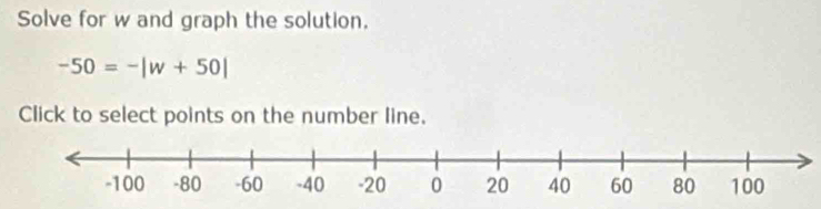 Solve for w and graph the solution.
-50=-|w+50|
Click to select points on the number line.