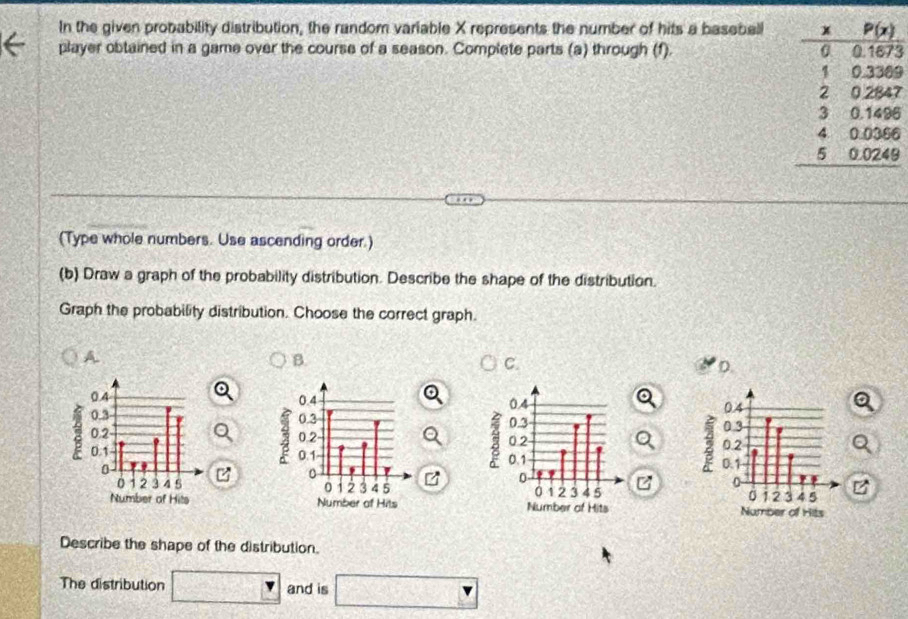 In the given probability distribution, the random variable X represents the number of hits a baseball
player obtained in a game over the course of a season. Complete parts (a) through (f). 3
9
7
6
(Type whole numbers. Use ascending order.)
(b) Draw a graph of the probability distribution. Describe the shape of the distribution.
Graph the probability distribution. Choose the correct graph.
A.
B.
C.
  
   
 
Describe the shape of the distribution.
The distribution and is
V