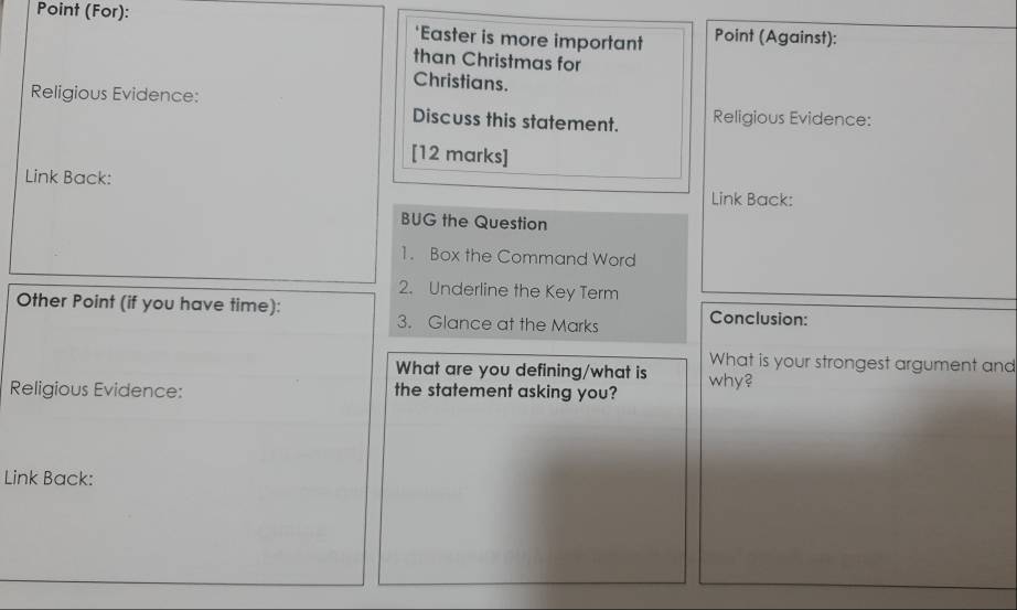 Point (For): Point (Against): 
*Easter is more important 
than Christmas for 
Christians. 
Religious Evidence: 
Discuss this statement. Religious Evidence: 
[12 marks] 
Link Back: 
Link Back: 
BUG the Question 
1. Box the Command Word 
2. Underline the Key Term 
Other Point (if you have time): Conclusion: 
3. Glance at the Marks 
What are you defining/what is What is your strongest argument and 
Religious Evidence: the statement asking you? why? 
Link Back: