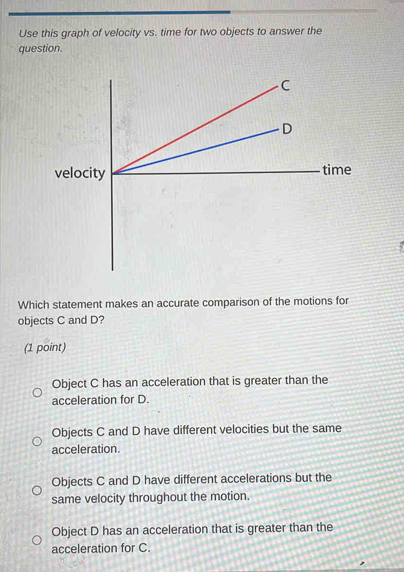 Use this graph of velocity vs. time for two objects to answer the
question.
C
D
velocity
time
Which statement makes an accurate comparison of the motions for
objects C and D?
(1 point)
Object C has an acceleration that is greater than the
acceleration for D.
Objects C and D have different velocities but the same
acceleration.
Objects C and D have different accelerations but the
same velocity throughout the motion.
Object D has an acceleration that is greater than the
acceleration for C.