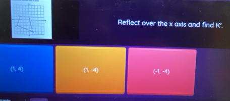 Reflect over the x axis and find K '.
(1,4)
(1,-4)
(-1,-4)