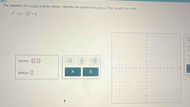 The equation of a circle is given below. Identify the center and radius. Then graph the circle.
x^2+(y+2)^2=9
Center: (□ ,□ ) sqrt(□ )  □ /□    □ /□  
Radius: □ 
×