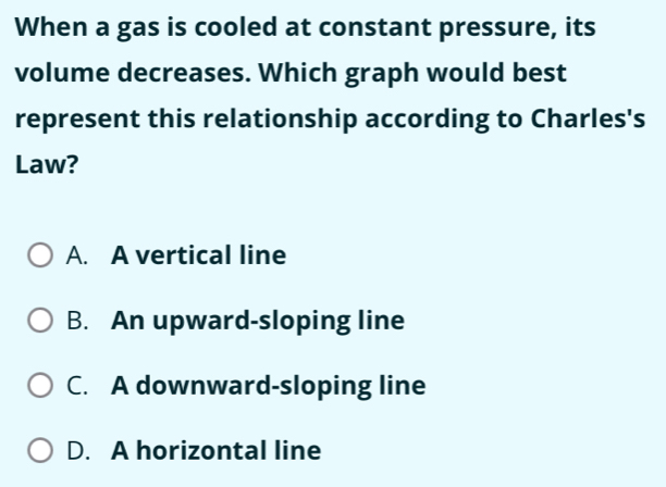 When a gas is cooled at constant pressure, its
volume decreases. Which graph would best
represent this relationship according to Charles's
Law?
A. A vertical line
B. An upward-sloping line
C. A downward-sloping line
D. A horizontal line