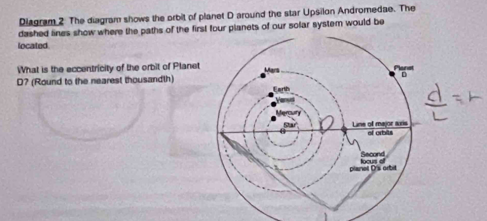 Diagram 2 The diagram shows the orbit of planet D around the star Upsilon Andromedae. The 
dashed lines show where the paths of the first four planets of our solar system would be 
located 
What is the eccentricity of the orbit of Planet
D? (Round to the nearest thousandth)