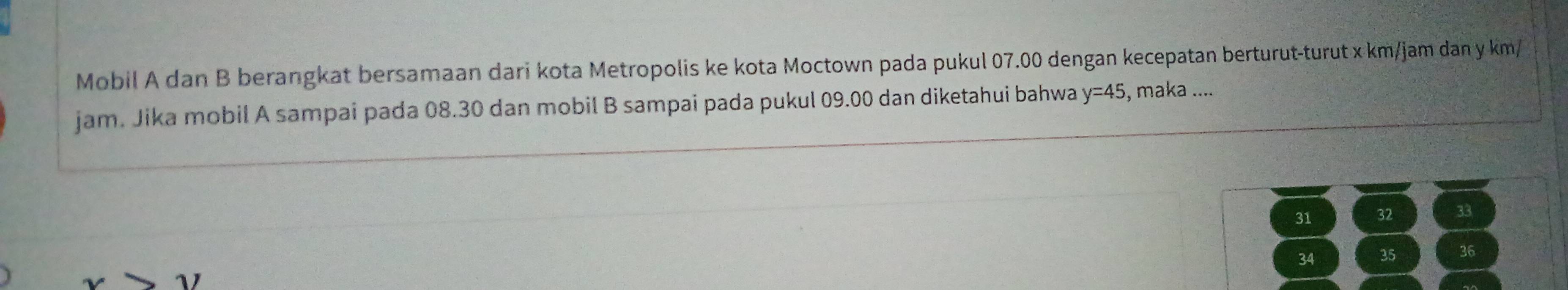 Mobil A dan B berangkat bersamaan dari kota Metropolis ke kota Moctown pada pukul 07.00 dengan kecepatan berturut-turut x km/jam dan y km/
jam. Jika mobil A sampai pada 08.30 dan mobil B sampai pada pukul 09.00 dan diketahui bahwa y=45 6, maka ....
31 32 33
34 35 36
X y