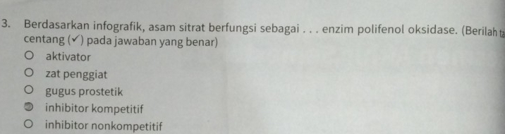 Berdasarkan infografik, asam sitrat berfungsi sebagai . . . enzim polifenol oksidase. (Berilaht
centang (✔) pada jawaban yang benar)
aktivator
zat penggiat
gugus prostetik
inhibitor kompetitif
inhibitor nonkompetitif