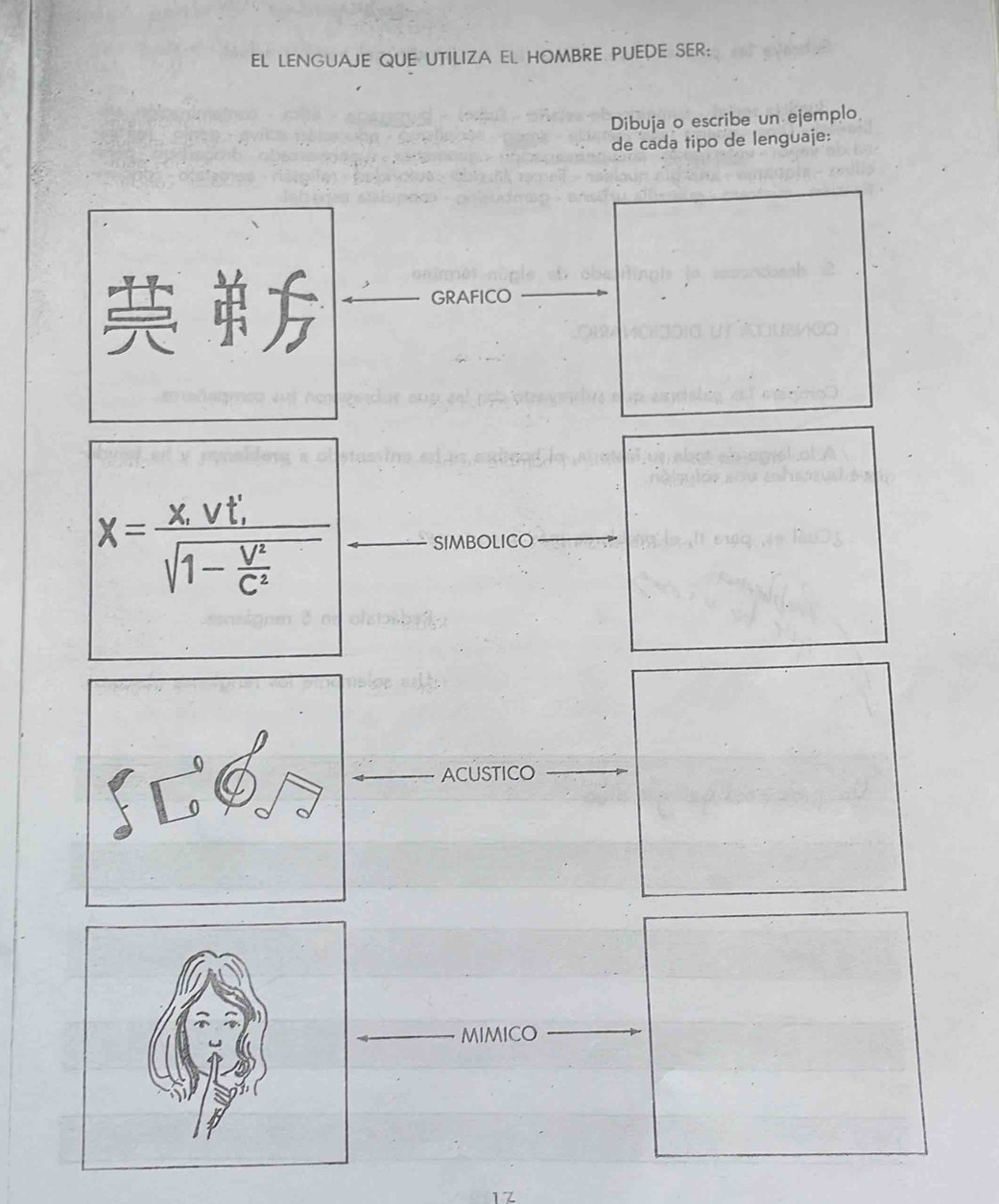 EL LENGUAJE QUE UTILIZA EL HOMBRE PUEDE SER: 
Dibuja o escribe un ejemplo 
de cada tipo de lenguaje: 
GRAFICO
x=frac x_1vt_1'sqrt(1-frac V^2)C^2 SIMBOLICO 
ACUSTICO 
MIMICO 
17