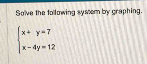 Solve the following system by graphing.
beginarrayl x+y=7 x-4y=12endarray.