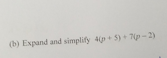 Expand and simplify 4(p+5)+7(p-2)