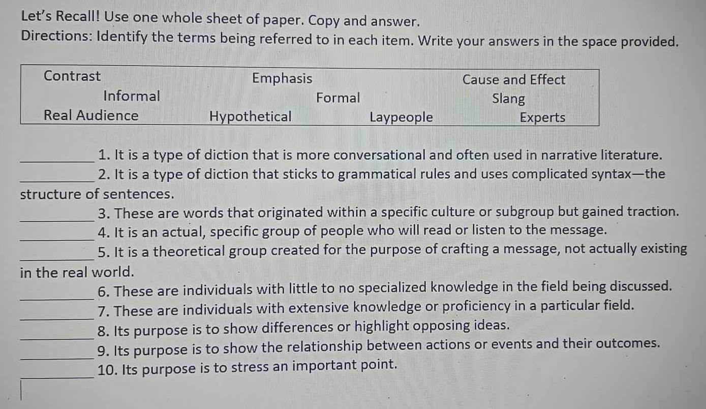 Picture of Solved: Let's Recall! Use one whole sheet of paper. Copy and answer ...