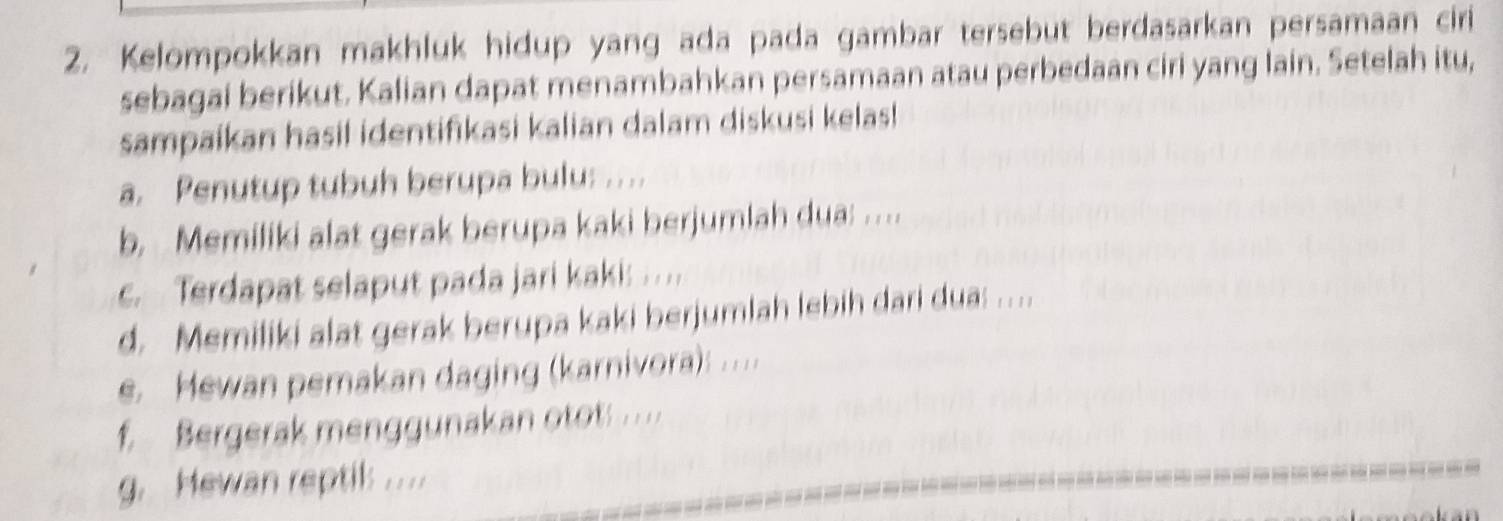 Kelompokkan makhluk hidup yang ada pada gambar tersebut berdasarkan persamaan ciri 
sebagai berikut. Kalian dapat menambahkan persamaan atau perbedaan ciri yang lain. Setelah itu, 
sampaikan hasil identifikasi kalian dalam diskusi kelas! 
a. Penutup tubuh berupa bulu: . ... 
b, Memiliki alat gerak berupa kaki berjumlah dua: . . .. 
c. Terdapat selaput pada jari kaki: . . 
d. Memiliki alat gerak berupa kaki berjumlah lebih dari dua: .... 
e. Hewan pemakan daging (karnivora) ..... 
f Bergerak menggunakan otot .... 
g. Hewan reptil ....