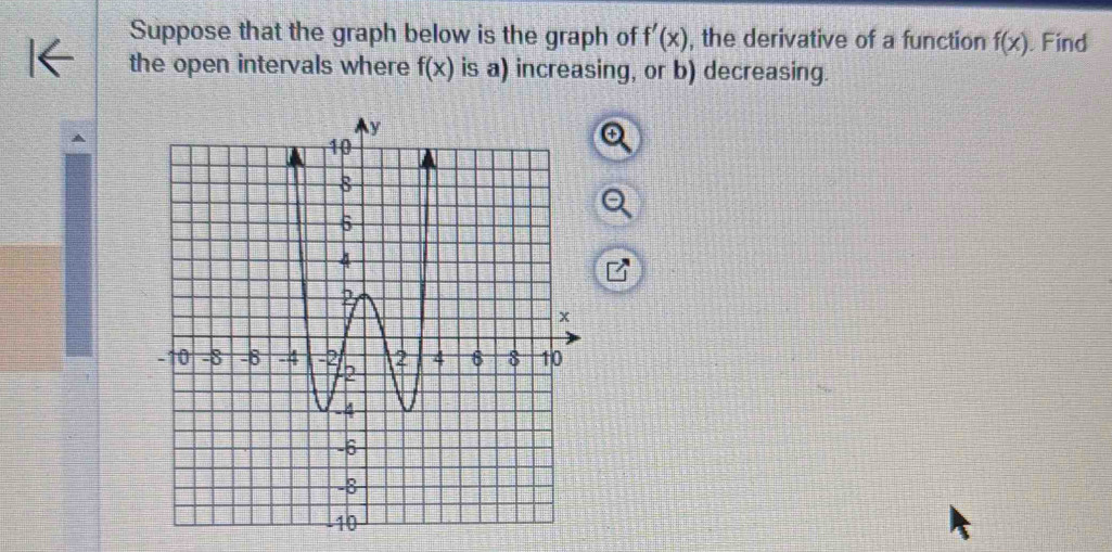 Suppose that the graph below is the graph of f'(x) , the derivative of a function f(x) Find 
the open intervals where f(x) is a) increasing, or b) decreasing.