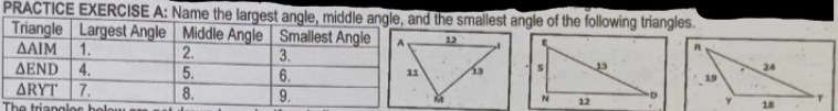 PRACTICE EXERCISE A: Nthe smallest angle of the following triangles.
 
The triangles