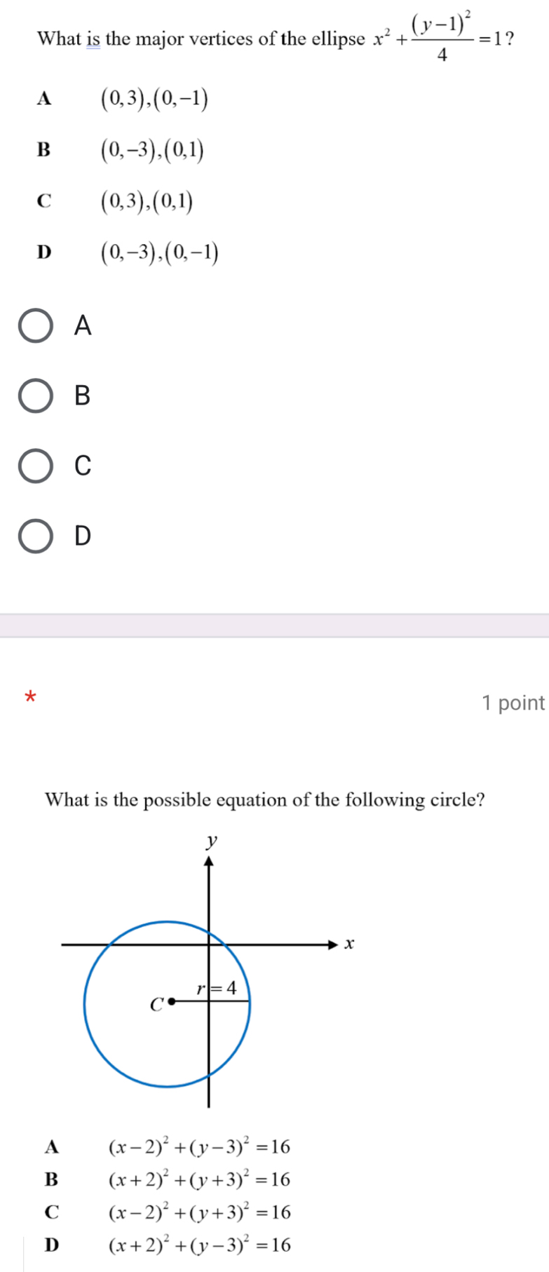 What is the major vertices of the ellipse x^2+frac (y-1)^24=1 ?
A (0,3),(0,-1)
B (0,-3), (0,1)
C (0,3),(0,1)
D (0,-3), (0,-1)
A
B
C
D
*
1 point
What is the possible equation of the following circle?
A (x-2)^2+(y-3)^2=16
B (x+2)^2+(y+3)^2=16
C (x-2)^2+(y+3)^2=16
D (x+2)^2+(y-3)^2=16