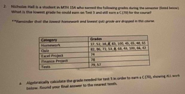 Nicholas Hall is a student in MTH 154 who earned the following grades during the semester (listed below). 
What is the lowest grade he could earn on Test 3 and still earn a C (70) for the course? 
**Reminder that the lowest homework and lowest quiz grade are dropped in this course. 
a. Algebraically calculate the grade needed for test 3 in order to earn a C (70), showing ALL work 
below. Round your final answer to the nearest tenth.