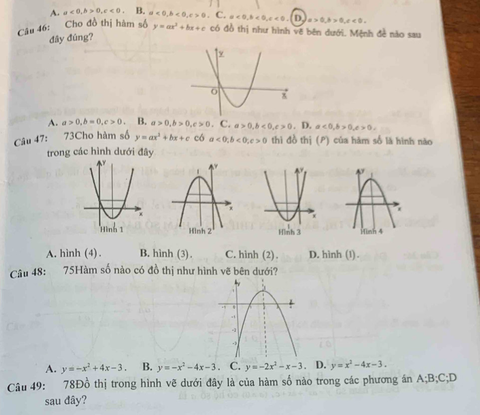 A. a<0</tex>, b>0, c<0</tex>. B. a<0</tex>, b<0</tex>, c>0 C. a<0</tex>, b<0</tex>, c<0</tex>. D a>0, b>0, c<0</tex>. 
Câu 46: Cho đồ thị hàm số y=ax^2+bx+c có đồ thị như hình vẽ bên dưới. Mệnh đề nào sau
đây đúng?
A. a>0, b=0, c>0. B. a>0, b>0, c>0. C. a>0, b<0</tex>, c>0. D. a<0</tex>, b>0, c>0, 
Câu 47: 73Cho hàm số y=ax^2+bx+c có a<0</tex>; b<0</tex>; c>0 thì đồ thị (P) của hàm số là hình nào
trong các hình dưới đây

A. hình (4) . B. hình (3) . C. hình (2) . D. hình (1) .
Câu 48: 75Hàm số nào có đồ thị như hình vẽ bên dưới?
A. y=-x^2+4x-3. B. y=-x^2-4x-3. C. y=-2x^2-x-3 D. y=x^2-4x-3. 
Câu 49: 78Đồ thị trong hình vẽ dưới đây là của hàm số nào trong các phương án A; B; C;D
sau đây?
