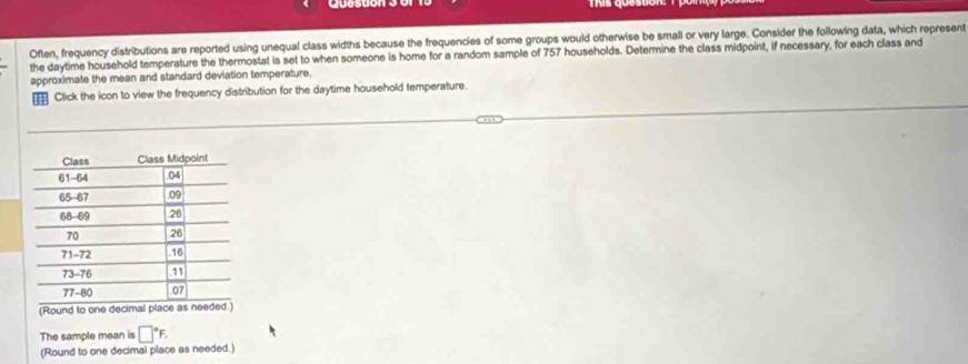 Often, frequency distributions are reported using unequal class widths because the frequencies of some groups would otherwise be small or very large. Consider the following data, which represent 
the daytime household temperature the thermostat is set to when someone is home for a random sample of 757 households. Determine the class midpoint, if necessary, for each class and 
approximate the mean and standard deviation temperature. 
Click the icon to view the frequency distribution for the daytime household temperature. 
(Round to one decimal place as ne 
The sample mean is □°F. 
(Round to one decimal place as needed.)