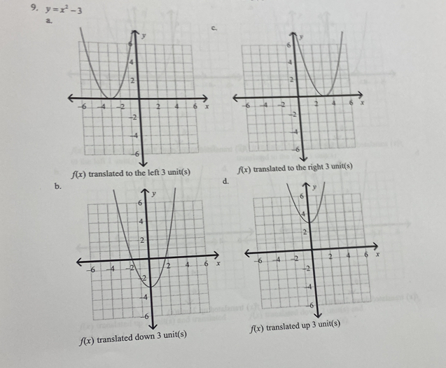 y=x^2-3
a..

f(x) translated to the left 3 unit(s) f(x) translated to the right 3 unit(s)
b.
d.

f(x) translated down 3 unit(s) f(x) translated up 3 unit(s)