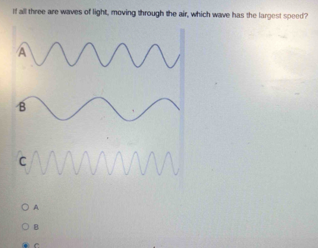 If all three are waves of light, moving through the air, which wave has the largest speed?
A
B
C
A
B
C