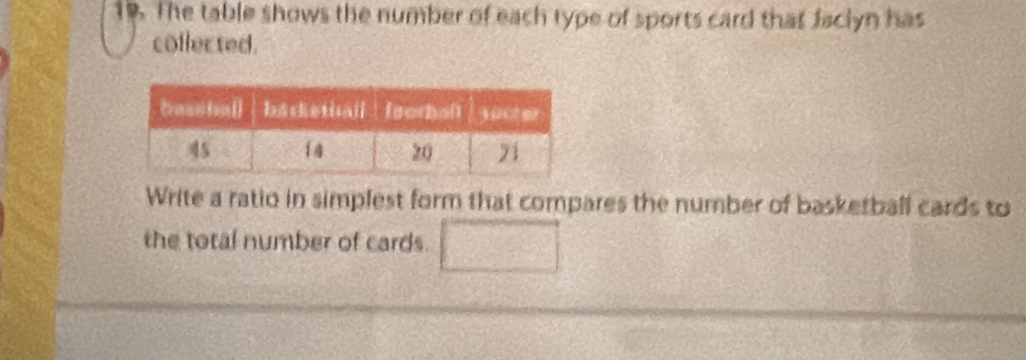 The table shows the number of each type of sports card that Jaclyn has 
collected. 
Write a ratio in simplest form that compares the number of basketball cards to 
the total number of cards. □