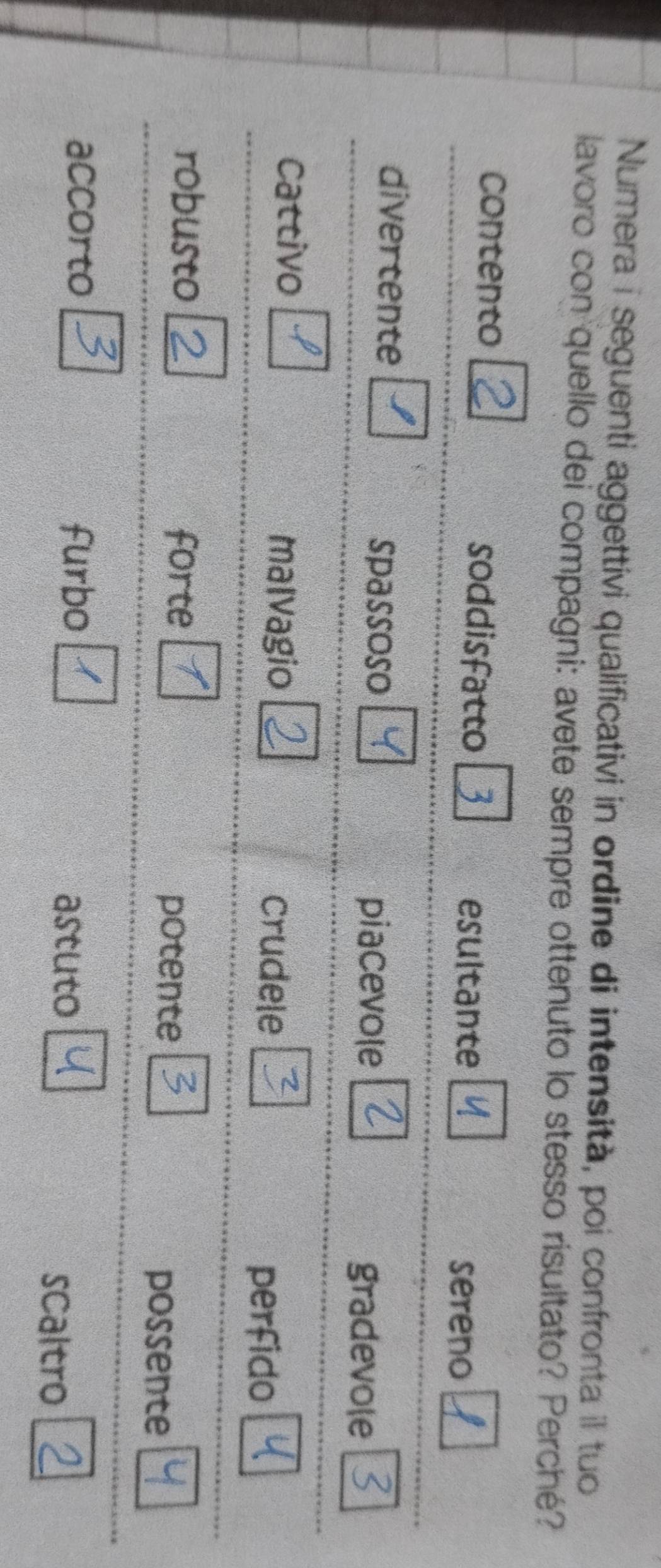 Numera i seguenti aggettivi qualificativi in ordine di intensità, poi confronta il tuo 
lavoro con quello dei compagni: avete sempre ottenuto lo stesso risultato? Perché? 
contento soddisfatto esultante 
sereno 
divertente I 
spassoso piacevole 
gradevole 
Cattivo malvagio crudele 
perfido 
robusto forte 
potente 
possente 
accorto 3
furbo 
astuto 
scaltro