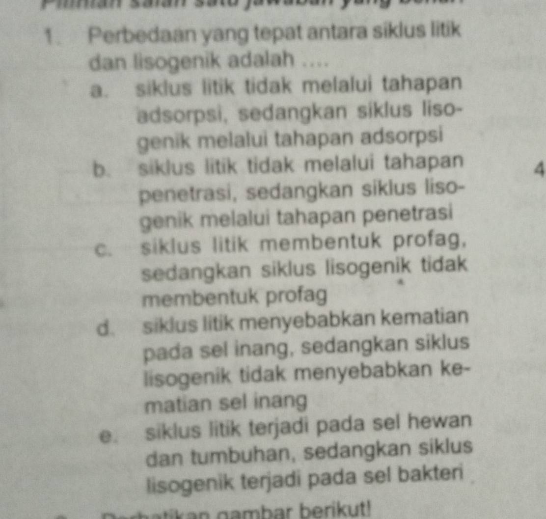 Perbedaan yang tepat antara siklus litik
dan lisogenik adalah ....
a. siklus litik tidak melalui tahapan
adsorpsi, sedangkan siklus liso-
genik melalui tahapan adsorpsi
b. siklus litik tidak melalui tahapan
4
penetrasi, sedangkan siklus liso-
genik melalui tahapan penetrasi
c. siklus litik membentuk profag,
sedangkan siklus lisogenik tidak 
membentuk profag
d. siklus litik menyebabkan kematian
pada sel inang, sedangkan siklus
lisogenik tidak menyebabkan ke-
matian sel inang
e. siklus litik terjadi pada sel hewan
dan tumbuhan, sedangkan siklus
lisogenik terjadi pada sel bakteri
tikan gambar berikut!