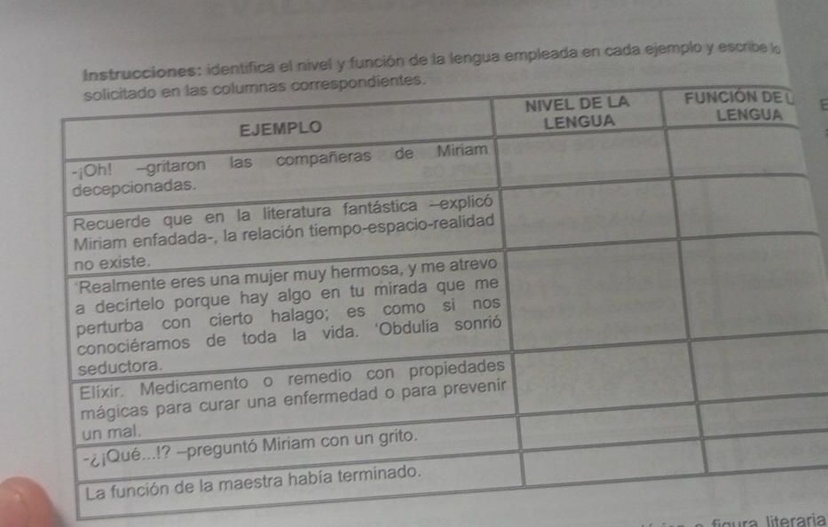 iones: identifica el nivel y función de la lengua empleada en cada ejemplo y escribe l 
fígura literaria