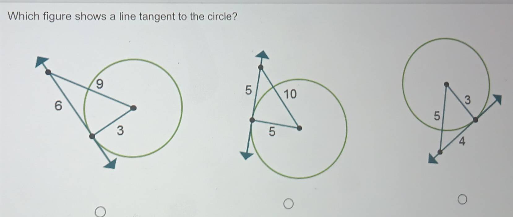 Which figure shows a line tangent to the circle?