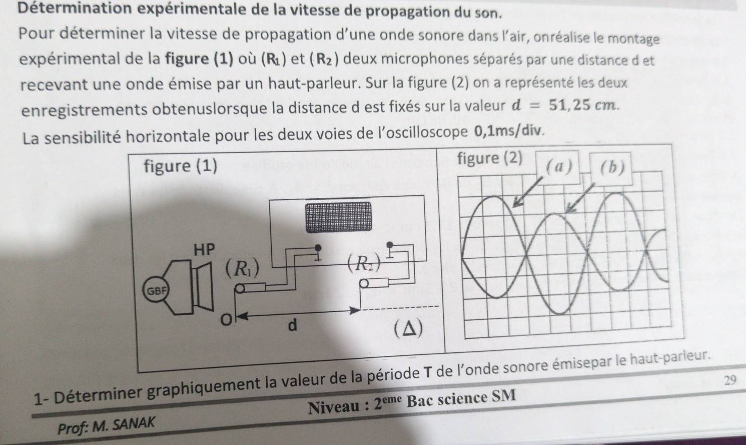 Détermination expérimentale de la vitesse de propagation du son.
Pour déterminer la vitesse de propagation d'une onde sonore dans l'air, onréalise le montage
expérimental de la figure (1) où (R_1) et (R_2) deux microphones séparés par une distance d et
recevant une onde émise par un haut-parleur. Sur la figure (2) on a représenté les deux
enregistrements obtenuslorsque la distance d est fixés sur la valeur d=51,25cm.
La sensibilité horizontale pour les deux voies de l'oscilloscope 0,1ms/div.
1- Déterminer graphiquement la valeur de la pério l’onde sonore émisepar le haut-parleur.
Niveau : 2^(eme) Bac science SM
Prof: M. SANAK 29