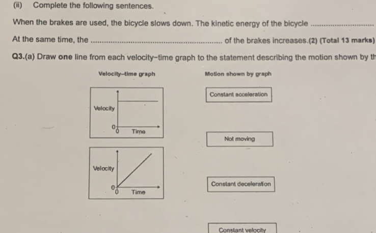 (ii) Complete the following sentences.
When the brakes are used, the bicycle slows down. The kinetic energy of the bicycle_
At the same time, the _of the brakes increases.(2) (Total 13 marks)
Q3.(a) Draw one line from each velocity-time graph to the statement describing the motion shown by th
Velocity--time graph Motion shown by graph
Constant acceleration
Not moving
Constant deceleration
Constant velocity