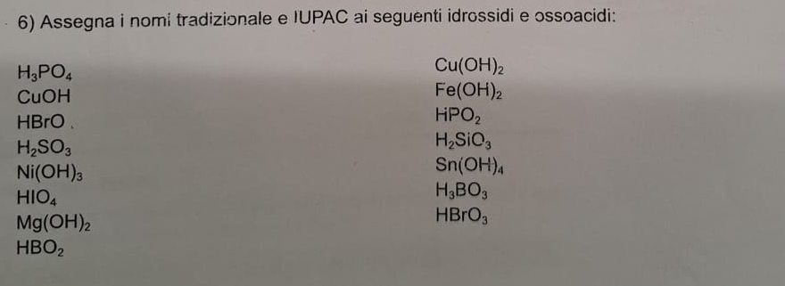 Assegna i nomi tradizionale e IUPAC ai seguenti idrossidi e ossoacidi:
H_3PO_4
Cu(OH)_2
CuOH
Fe(OH)_2
HBrO.
HPO_2
H_2SO_3
H_2SiO_3
Ni(OH)_3
Sn(OH)_4
HIO_4
H_3BO_3
Mg(OH)_2
HBrO_3
HBO_2