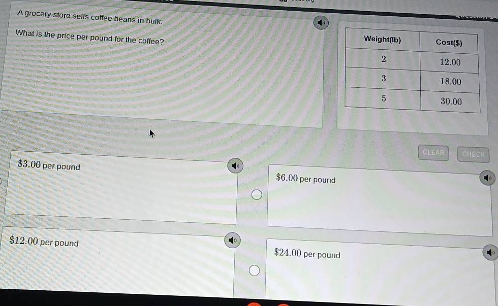 A grocery store sells coffee beans in bulk.
What is the price per pound for the coffee? 
CLEAR CHECK
$3.00 per pound $6.00 per pound
$12.00 per pound $24.00 per pound