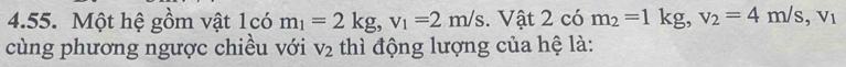 Một hệ gồm vật 1có m_1=2kg, v_1=2m/s. Vật 2 có m_2=1kg, v_2=4m/s, v_1
cùng phương ngược chiều với V_2 thì động lượng của hệ là: