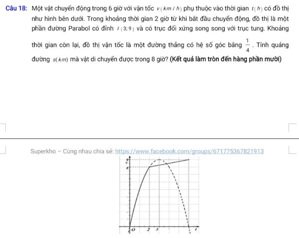 Một vật chuyển động trong 6 giờ với vận tốc v (km / h) phụ thuộc vào thời gian t(h) có đồ thị 
như hình bên dưới. Trong khoảng thời gian 2 giờ từ khi bắt đầu chuyển động, đồ thị là một 
phần đường Parabol có đỉnh I(3;9) và có trục đối xứng song song với trục tung. Khoảng 
thời gian còn lại, đồ thị vận tốc là một đường thắng có hệ số góc bằng  1/4  , Tính quảng 
đường s( km) mà vật di chuyển được trong 8 giờ? (Kết quả làm tròn đến hàng phần mười) 
Superkho - Cùng nhau chia sẻ: https://www.facebook.com/groups/671775367821913