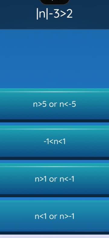 ln |-3>2
n>5 or n
-1
n>1 or n
n<1</tex> or n>-1