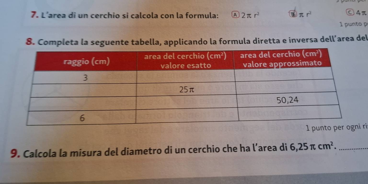 L’area di un cerchio si calcola con la formula: A 2π r^2 B π r^2
○4π
1 punto p
8. Completa la seguente tabella, applicando la formula diretta e inversa dell’area del
i
9. Calcola la misura del diametro di un cerchio che ha l’area di 6,25π cm^2. _