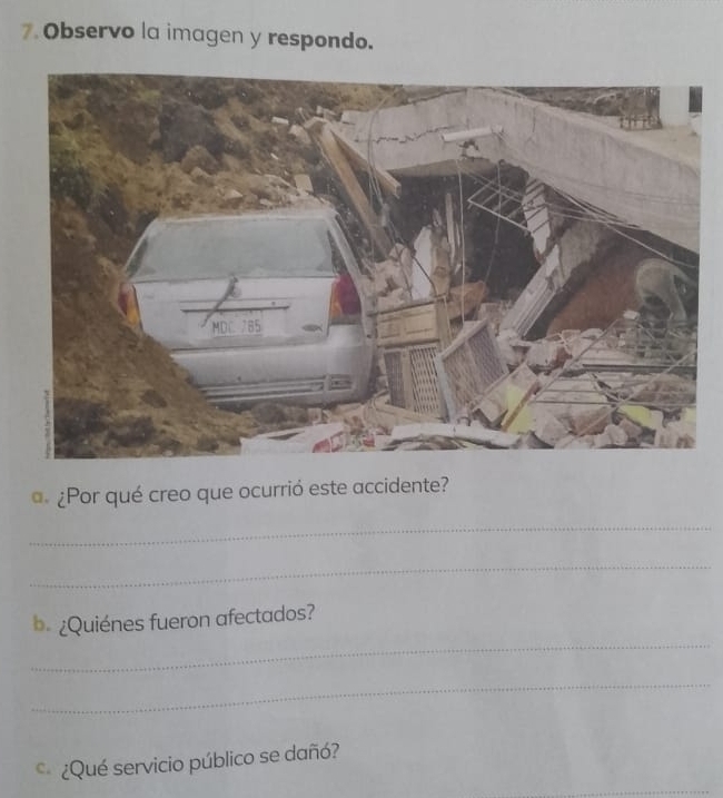 Observo la imagen y respondo. 
¿Por qué creo que ocurrió este accidente? 
_ 
_ 
_ 
b ¿Quiénes fueron afectados? 
_ 
¿Qué servicio público se dañó?