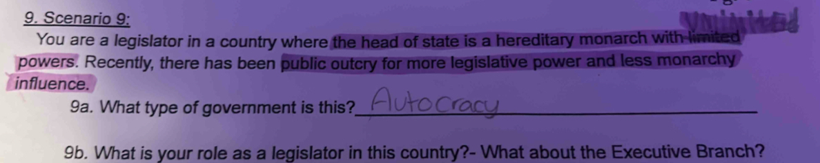 Scenario 9: You are a legislator in a country where the head of state ...