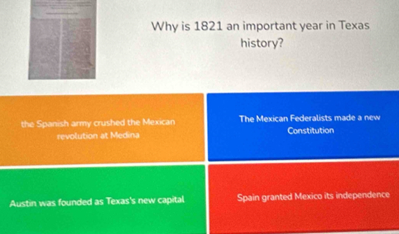 Why is 1821 an important year in Texas
history?
the Spanish army crushed the Mexican The Mexican Federalists made a new
revolution at Medina Constitution
Austin was founded as Texas's new capital Spain granted Mexico its independence