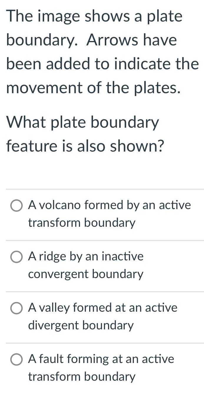 The image shows a plate
boundary. Arrows have
been added to indicate the
movement of the plates.
What plate boundary
feature is also shown?
A volcano formed by an active
transform boundary
A ridge by an inactive
convergent boundary
A valley formed at an active
divergent boundary
A fault forming at an active
transform boundary