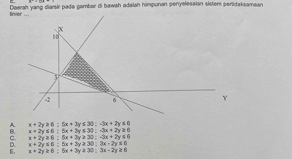 x-3x+1
Daerah yang diarsir pada gambar di bawah adalah himpunan penyelesaian sistem pertidaksamaan
A. x+2y≥ 6; 5x+3y≤ 30; -3x+2y≤ 6
B. x+2y≤ 6; 5x+3y≤ 30; -3x+2y≥ 6
C. x+2y≥ 6; 5x+3y≥ 30; -3x+2y≤ 6
D. x+2y≤ 6; 5x+3y≥ 30; 3x-2y≤ 6
E. x+2y≥ 6; 5x+3y≥ 30; 3x-2y≥ 6