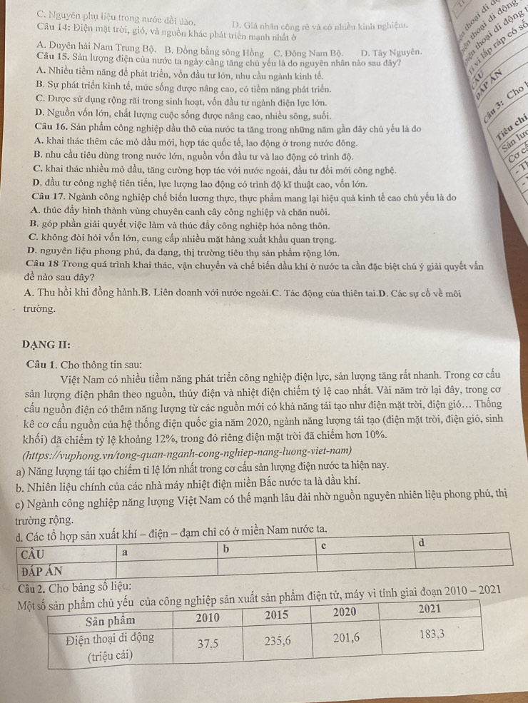 C. Nguyên phụ liệu trong nước đồi dào. D. Giá nhân công rẻ và có nhiều kinh nghiệm.
in thoại di độn
Câu 14: Điện mặt trời, gió, và nguồn khác phát triển mạnh nhất ở
thoại di
A. Duyên hải Nam Trung Bộ. B. Đồng bằng sông Hồng C. Đông Nam Bộ. D. Tây Nguyên. in thoại di động
Câu 15. Sản lượng điện của nước ta ngày cảng tăng chủ yêu là do nguyên nhân nào sau đây7 vi lắp ráp có s
A. Nhiều tiềm năng đề phát triển, vốn đầu tư lớn, nhu cầu ngành kinh tế.
B. Sự phát triển kinh tế, mức sống được nâng cao, có tiểm năng phát triển.
N
C. Được sử dụng rộng rãi trong sinh hoạt, vốn đầu tư ngành điện lực lớn.
D. Nguồn vốn lớn, chất lượng cuộc sống được nâng cao, nhiều sông, suối.
âu 3: Cho
Tiêu chí
Câu 16. Sản phẩm công nghiệp dầu thô của nước ta tăng trong những năm gần đây chủ yếu là do
A. khai thác thêm các mỏ dầu mới, hợp tác quốc tế, lao động ở trong nước đông.
Sản lư
B. nhu cầu tiêu dùng trong nước lớn, nguồn vốn đầu tư và lao động có trình độ.
Cơ cí
C. khai thác nhiều mỏ dầu, tăng cường hợp tác với nước ngoài, đầu tư đổi mới công nghệ.
- T
D. đầu tư công nghệ tiên tiến, lực lượng lao động có trình độ kĩ thuật cao, vốn lớn.
Câu 17. Ngành công nghiệp chế biến lương thực, thực phẩm mang lại hiệu quả kinh tế cao chủ yếu là do
A. thúc đầy hình thành vùng chuyên canh cây công nghiệp và chăn nuôi.
B. góp phần giải quyết việc làm và thúc đầy công nghiệp hóa nông thôn.
C. không đòi hỏi vốn lớn, cung cấp nhiều mặt hàng xuất khẩu quan trọng.
D. nguyên liệu phong phú, đa dạng, thị trường tiêu thụ sản phẩm rộng lớn.
Câu 18 Trong quá trình khai thác, vận chuyển và chế biến dầu khí ở nước ta cần đặc biệt chú ý giải quyết vẫn
đề nào sau đây?
A. Thu hồi khi đồng hành.B. Liên doanh với nước ngoài.C. Tác động của thiên tai.D. Các sự cố về môi
trường.
DANG II:
Câu 1. Cho thông tin sau:
Việt Nam có nhiều tiềm năng phát triển công nghiệp điện lực, sản lượng tăng rất nhanh. Trong cơ cấu
sản lượng điện phân theo nguồn, thủy điện và nhiệt điện chiếm tỷ lệ cao nhất. Vài năm trở lại đây, trong cơ
cấu nguồn điện có thêm năng lượng từ các nguồn mới có khả năng tái tạo như điện mặt trời, điện gió... Thống
kê cơ cấu nguồn của hệ thống điện quốc gia năm 2020, ngành năng lượng tái tạo (điện mặt trời, điện gió, sinh
khối) đã chiếm tỷ lệ khoảng 12%, trong đó riêng điện mặt trời đã chiếm hơn 10%.
(https://vuphong.vn/tong-quan-nganh-cong-nghiep-nang-luong-viet-nam)
a) Năng lượng tái tạo chiếm tỉ lệ lớn nhất trong cơ cấu sản lượng điện nước ta hiện nay.
b. Nhiên liệu chính của các nhà máy nhiệt điện miền Bắc nước ta là dầu khí.
c) Ngành công nghiệp năng lượng Việt Nam có thế mạnh lâu dài nhờ nguồn nguyên nhiên liệu phong phú, thị
trường rộng.
Câu 2. Cho bảng số liệ
ản phẩm điện tử, máy vi tính giai đoạn 2010 - 2021