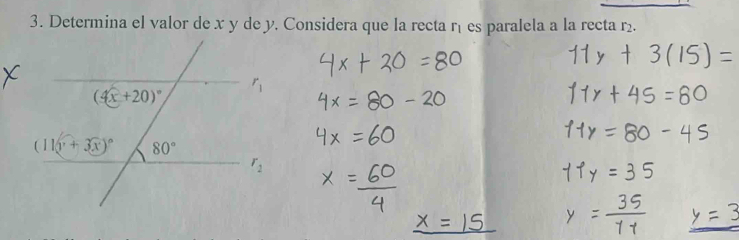 Determina el valor de x y de y. Considera que la recta éé es paralela a la recta r_2